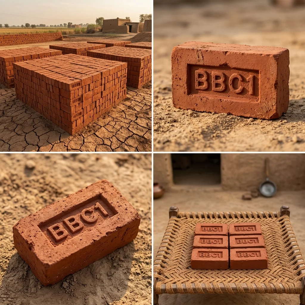 Red clay bricks stacked neatly at BBC1 yard — Bhuna, Haryana