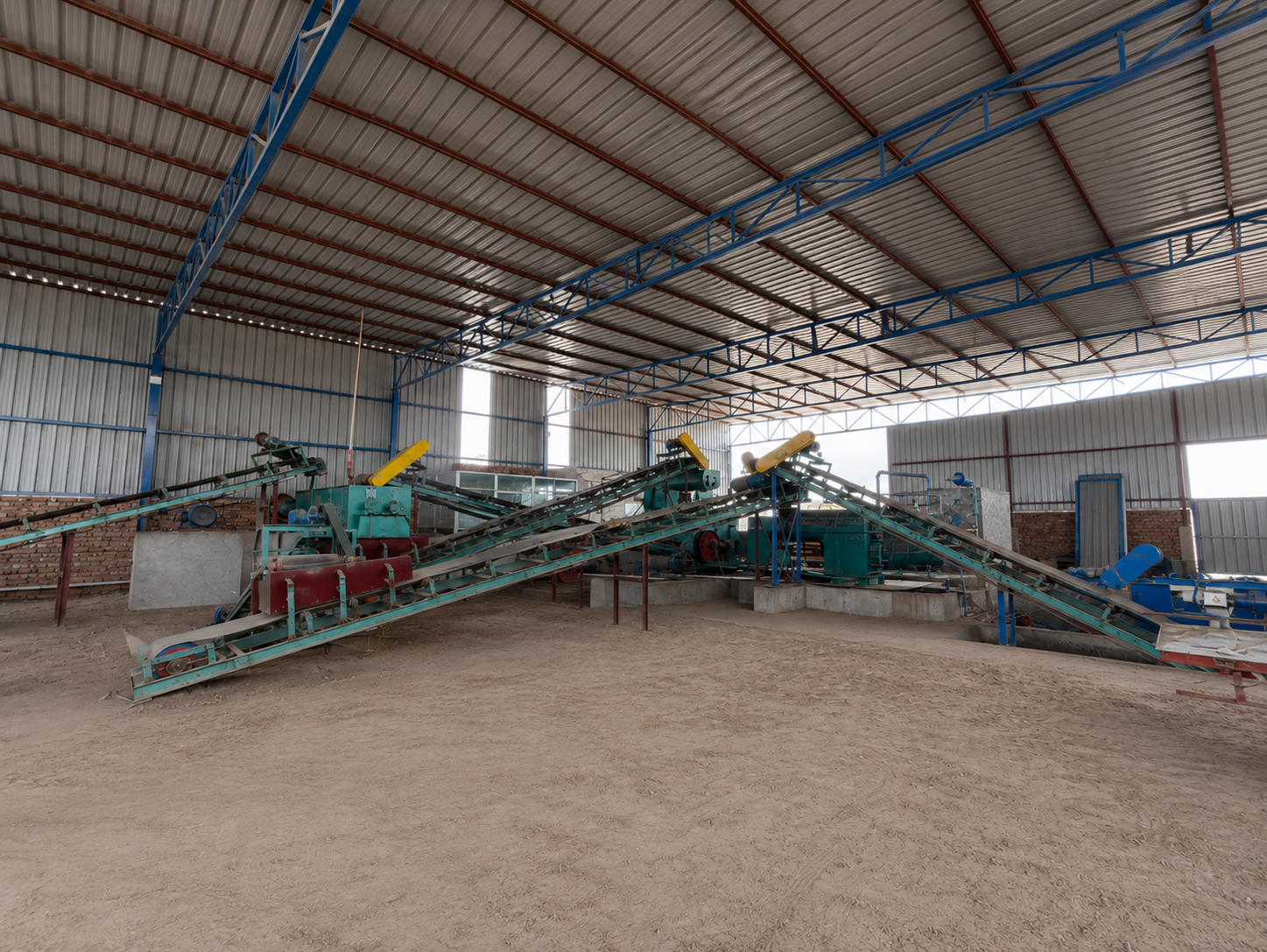 BBC1 machine shed with pugmill, conveyors, and brick production line