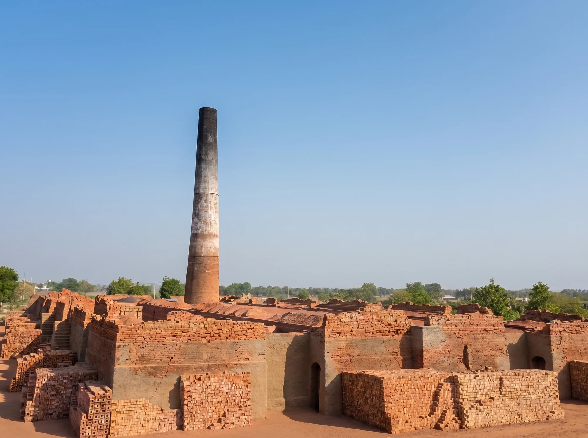 BBC1 Bhuna Bricks Company — Zigzag kiln yard at sunset, Bhuna Fatehabad